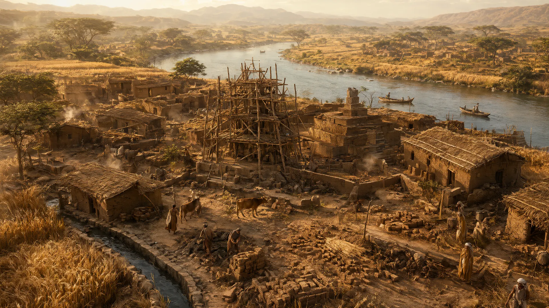 An early riverside settlement rising from mud brick and timber