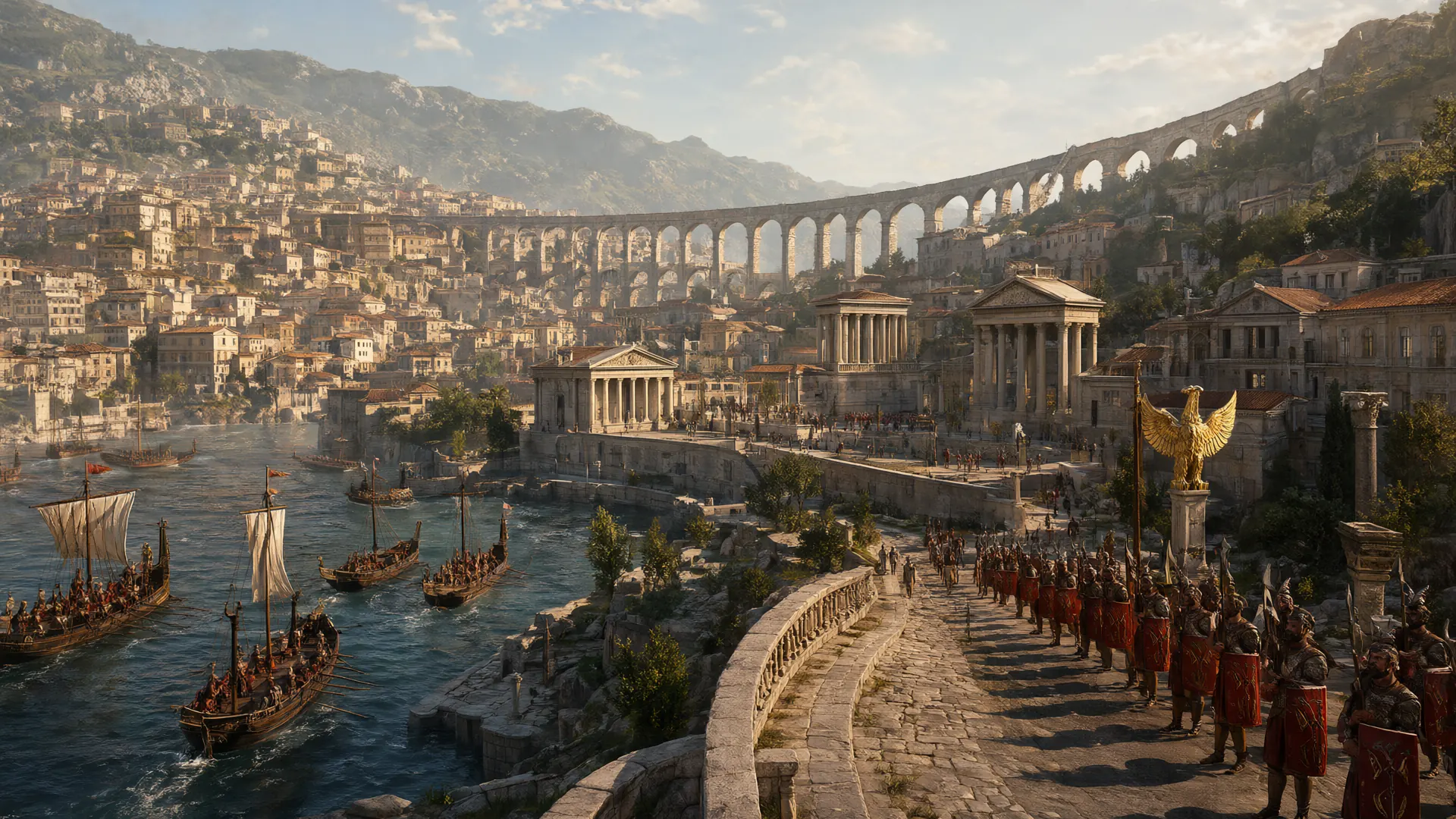 A classical harbour city with aqueducts, temples and marching legions