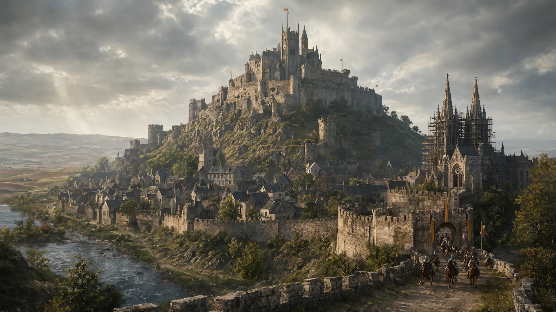 A fortified medieval city crowned by a castle and a cathedral